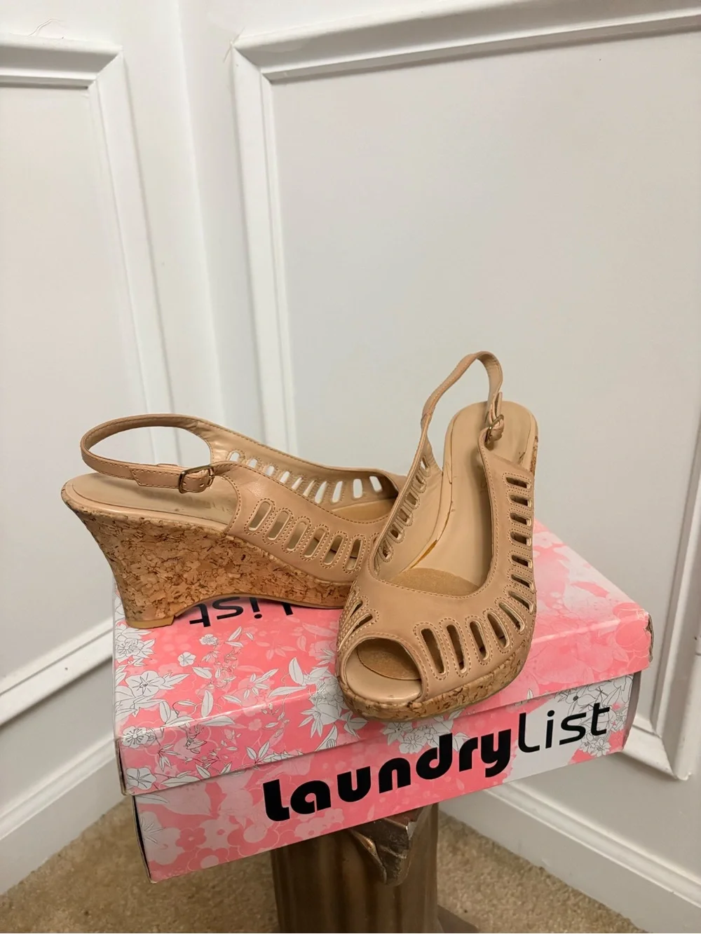 Women's Tan Cork Wedge Slingback Peep-Toe Sandals